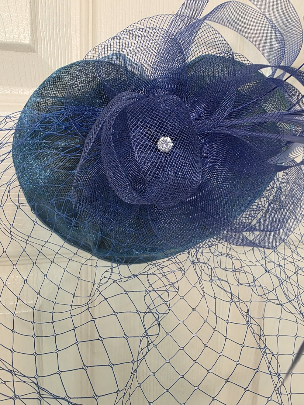 Navy Blue Fascinator with Veil, Feathers and Rhinestone Accent